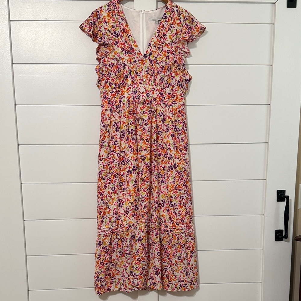 julia jordan Pink Multicolor Floral Midi Dress with Ruffle Sleeves